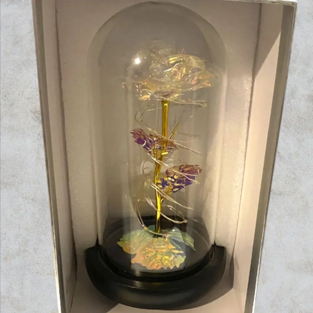 LOVE FOREVER LED ROSE -- Metallic Rose Inside Glass Dome, Lighted, LED, Like New